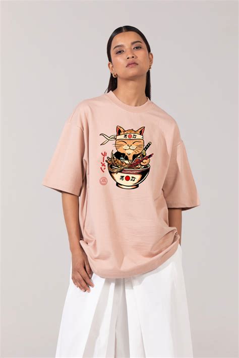 Ramen Cat Beige 100% Cotton Terry Oversized, Drop Shoulder Printed ...