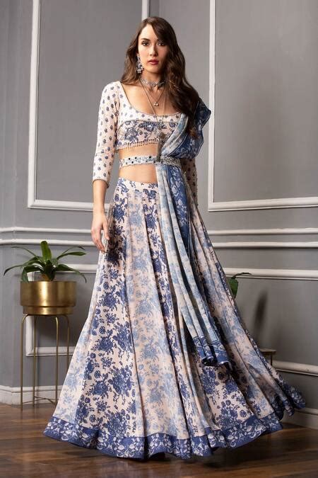 Buy Blue Crepe And Chiffon Floral Print & Sequin Scoop Neck Lehenga Set ...