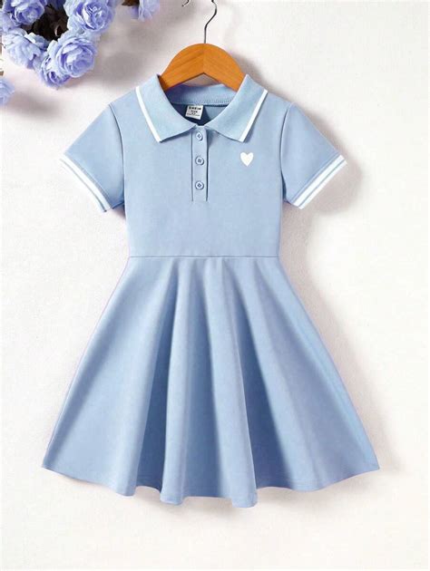 SHEIN Young Girl Collegiate Style Polo Collar Heart Print Short Sleeve ...