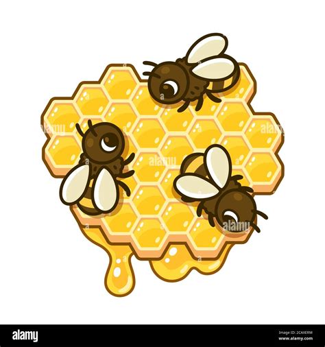 Cute cartoon bees on honeycomb piece with dripping honey. Beekeeping ...