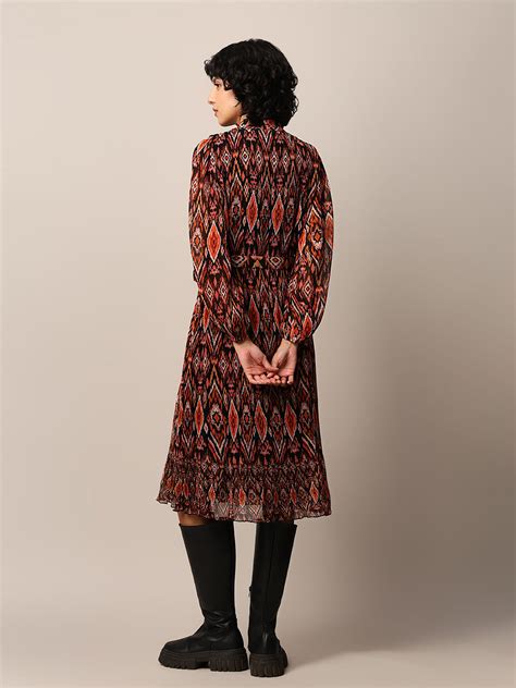 Black Printed Pleated Midi Dress