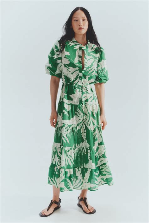 Long cotton dress - Green/Floral - Ladies | H&M IN