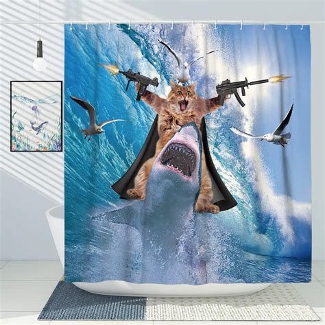 Funny-Shower-Curtain-Cute-Sea-Cat-Riding-Shark-Whale-Cartoon-Animal ...