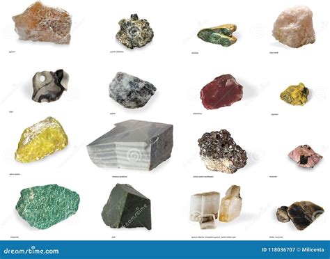 Set from Raw Minerals and Ores with Names Isolated on White Background ...