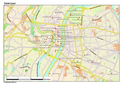 Map of Lyon tourist: attractions and monuments of Lyon