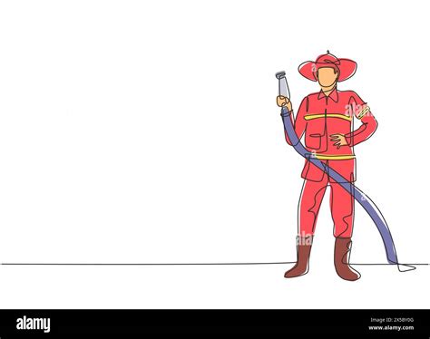 Single one line drawing of young fireman pose standing and holding ...