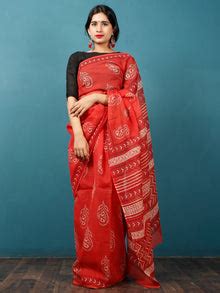Red White Hand Block Printed Kota Doria Saree in Natural Colors - S031 ...