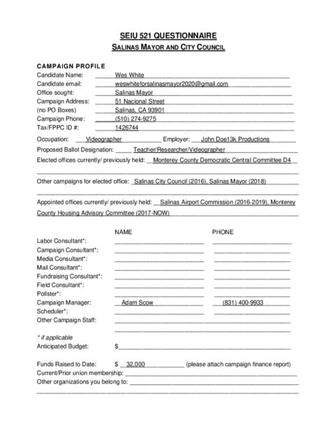 Fillable Online Salinas Mayor Campaign Profile of Wes White Fax Email ...