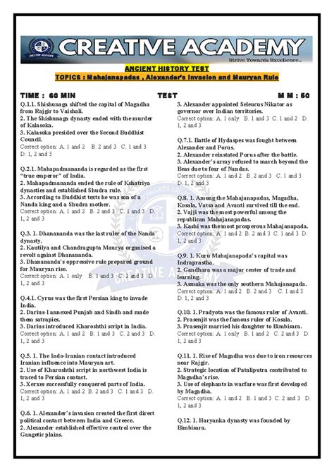 Ancient History Test (AH101): Mahajanapadas & Mauryan Rule Topics - Studocu