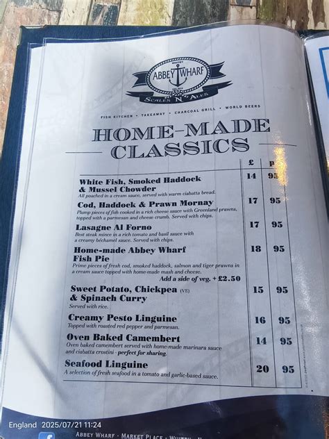 Carta del restaurante Abbey Wharf, Whitby