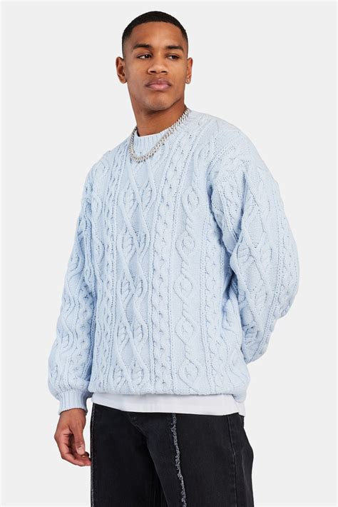 Cable Knit Varsity Sweater - Blue | Mens Knitwear | Shop Knitwear ...