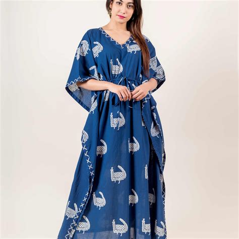 Blue And White Hand Block Printed V-Neck Kaftan – MISSPRINT