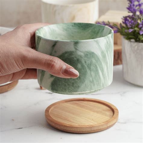 Marbleous Ceramic Flower Planter With Coaster Set Of 4 | Nestasia