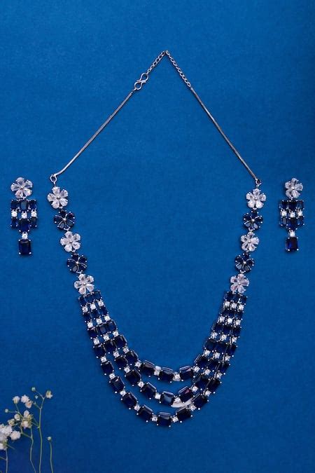 Buy Blue Stones Studded Necklace With Earrings by Zevar By Geeta Online ...