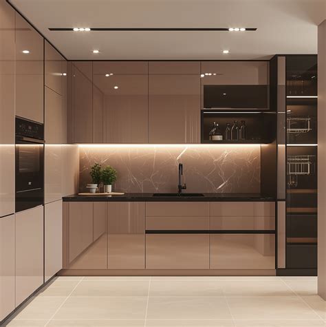 Compact Beige Glossy Kitchen with Marble Backsplash and Glass Cabinets