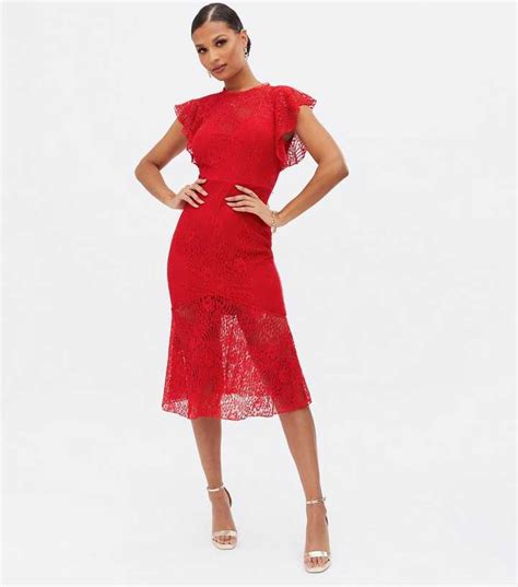 Little Mistress Red Lace High Neck Frill Midi Dress | New Look
