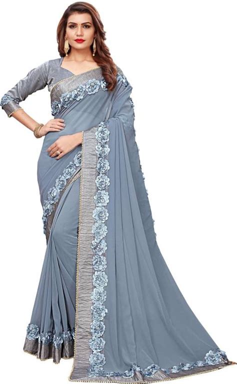 Buy Amrutam Fab Embellished, Applique Bollywood Georgette Grey Sarees ...