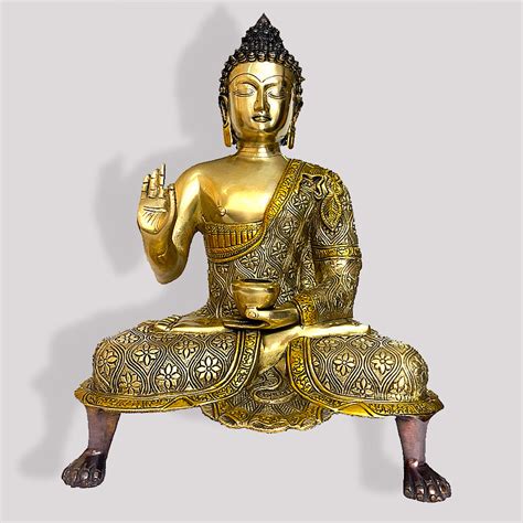 BRASS MEDITATING BUDDHA HOLDING VITARKA MUDRA SEATED ON A PEDASTAL – Exotyq
