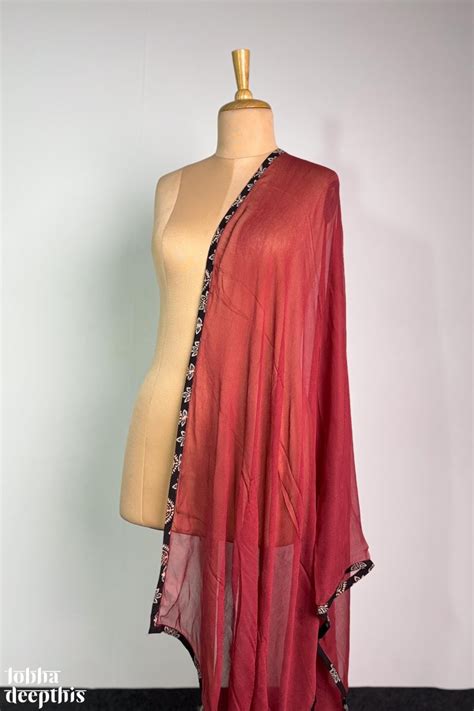 Red Chiffon with Black Ajrakh Border Dupatta- Lobha Deepthis