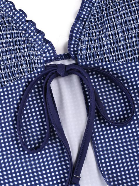 Seamolly Vintage Gingham Bowknot Decor Smocked Ruffles Tie Front Tanki