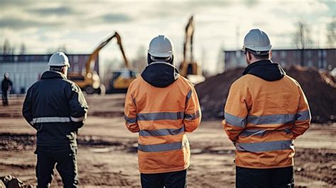 Construction workers looking at the building discussing inspection of ...