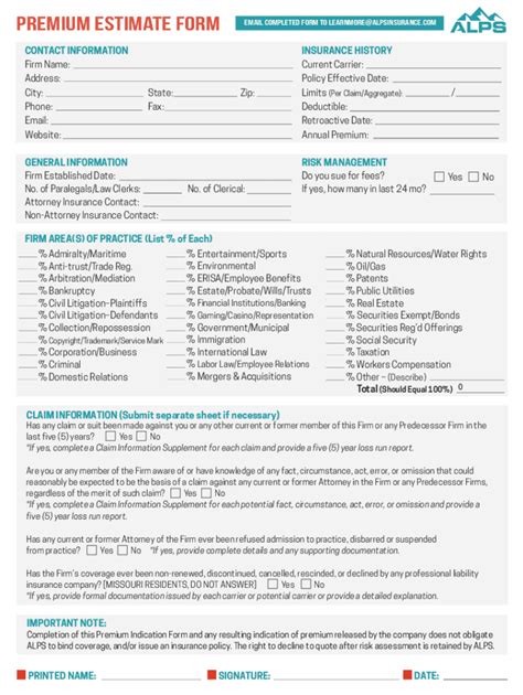 Fillable Online Injury Lawyers Malpractice Insurance Premium Estimate ...