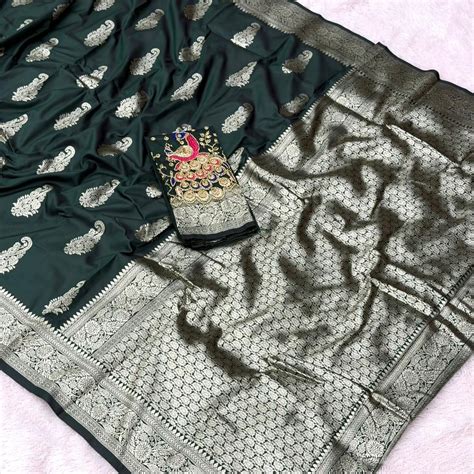 Silk Banarasi Saree | Silver Zari & Aari Work | Bottle Green ...