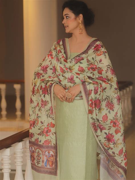 Banarasee Chanderi Salwar Kameez Fabric With Digital Print Dupatta-Gre