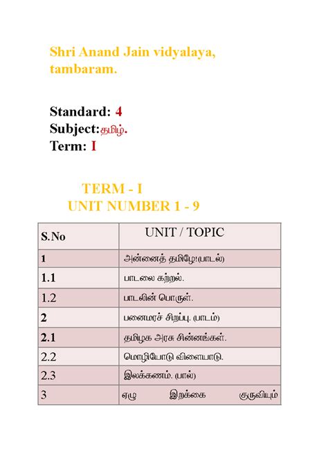 4, I - Shri Anand Jain vidyalaya, tambaram. Standard: 4 Subject:தமிழ் ...