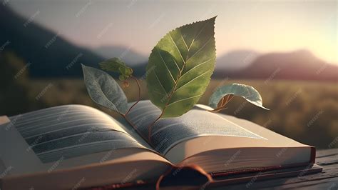 Premium AI Image | A book with leaves on it and a sunset in the background