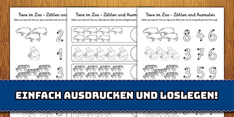 Tiere im Zoo - Zählen und Ausmalen - Arbeitsblätter