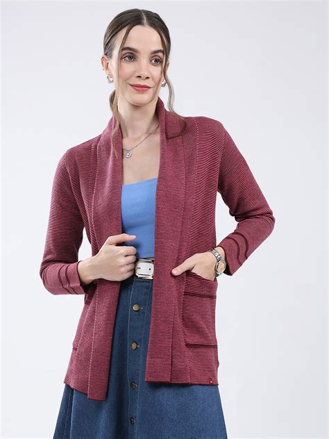 Buy Women Maroon Self Design Front Open Full Sleeve Cardigan Online in ...
