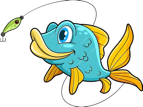 Cute fish cartoon character catching the fishing lure | Premium Vector