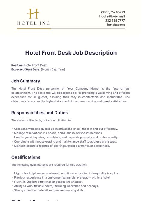 Free Hotel Front Desk Job Description Template to Edit Online