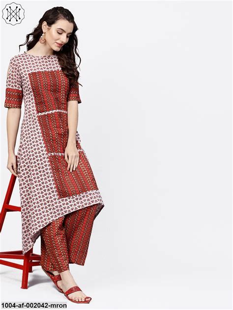 Maroon Printed Half Cold Shoulder Sleeve Low-High Kurta With Printed P ...