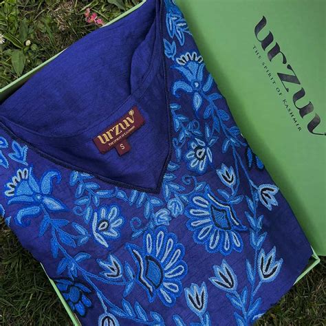 Oxford Blue Summer Kurti | Aari Hand Embroidered – Treasures of Kashmir