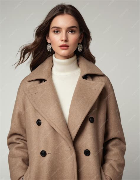 A model wears a tan trench coat with a white turtleneck and white ...