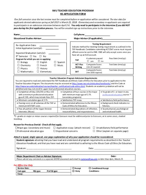 Fillable Online IWU TEACHER EDUCATION PROGRAM RE-APPLICATION FORM Fax ...