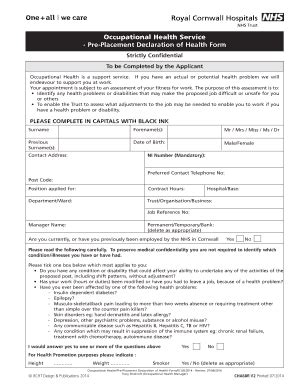 Fillable Online rcht nhs CHA68R Pre-Placement Declaration Of Health ...