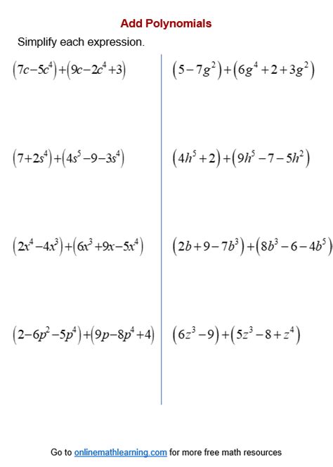 Image result for Subtracting Polynomials Worksheet