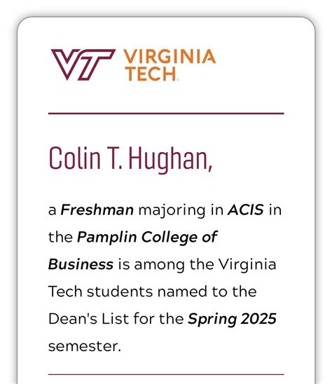 I am excited to share that I have made Dean's List for my second semester at Virginia Tech! This ...