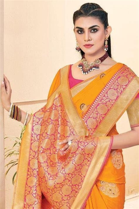 Buy Sand Orange Banarasi Saree 46896 Online | Karagiri