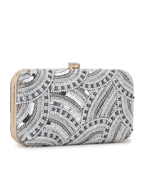 Anekaant Adorn Silver & Multi Abstract Embellished Faux Silk Clutch