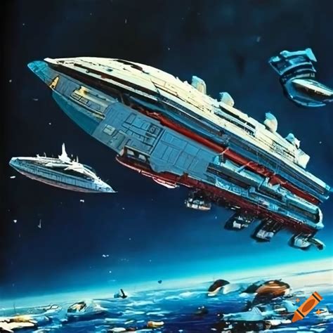 1970s space opera spaceships in a science fiction setting on Craiyon