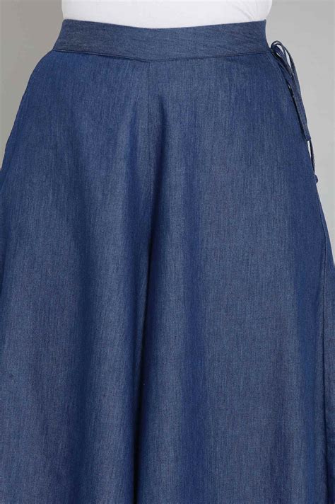 Buy Elleven Women's Blue Solid Flared Cotton Culottes With Drawstring ...