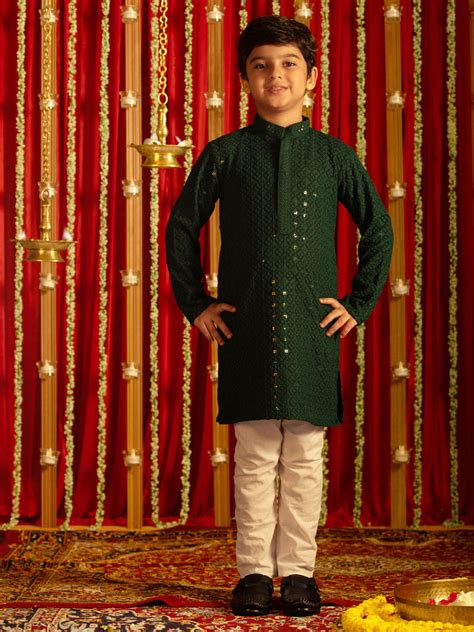 Boy's' Green And White Schiffli Kurta Pyjama Set – vastramay