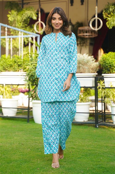 TURQUOISE FLORAL BOOTI HAND BLOCK PRINTED CO-ORD SET (2PC)