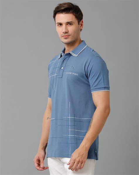 Classic Polo Men's Cotton Half Sleeve Printed Slim Fit Polo Neck Blue