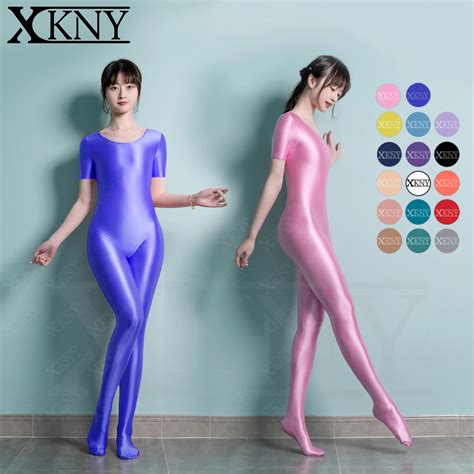 XCKNY Sexy Seamless Glossy Silky tights round neck short sleeve full ...