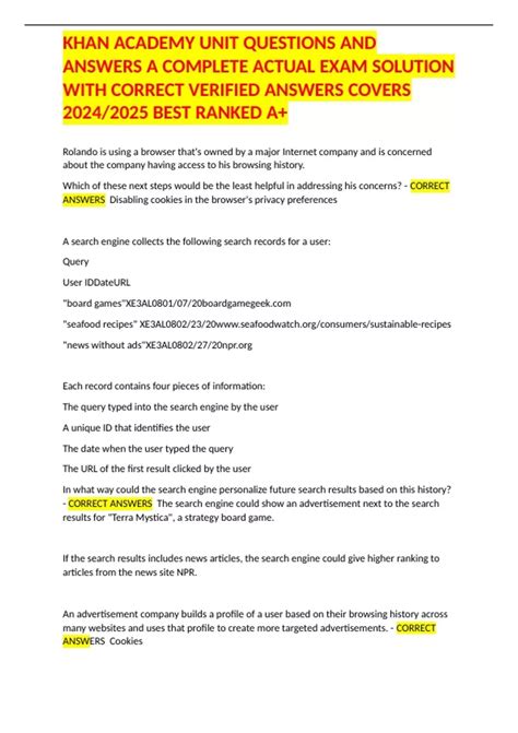 KHAN ACADEMY UNIT QUESTIONS AND ANSWERS A COMPLETE ACTUAL EXAM SOLUTION ...